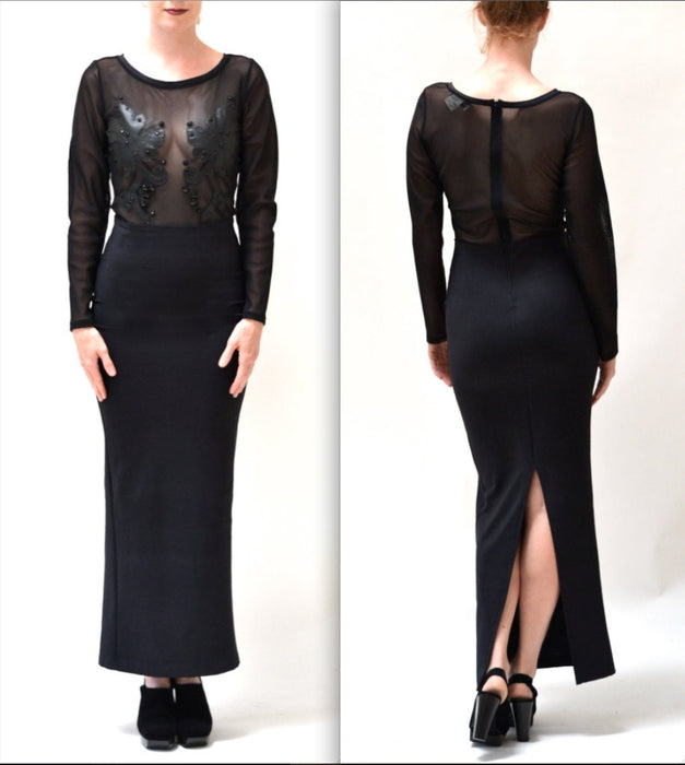 90s Vintage Black Dress Evening Gown Long Sheer Black Dress Small Illusion Dress Leather Mesh // 90s Vintage Sheer Dress Small Van Buren
