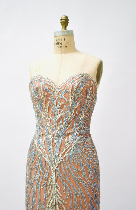 80s 90s Vintage Silver Cream Blue Beaded Sequin Gown Dress Small Medium By Bob Mackie Silk// Vintage Wedding Gown Sequin Strapless Beach