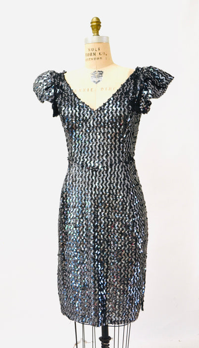 80s Glam Sequin Dress Silver Black Medium Large Body Con Knit Dress // 80s Prom Party Vintage Metallic Sequin Dress Drag Queen Pageant