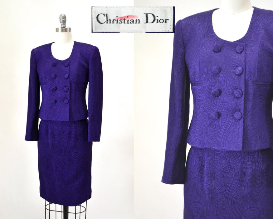Vintage 80s 90s Purple Silk Suit Jacket Skirt Christian Dior XS  // 90s Glam Purple Barbie Suit Silk Jacket Blazer Skirt By Christian Dior