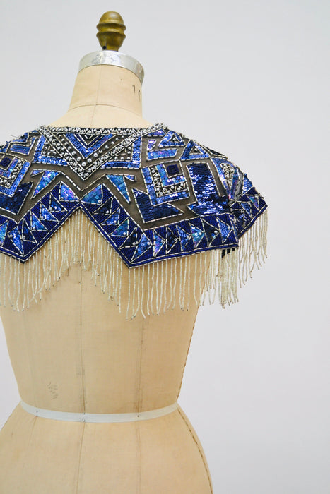 90s Vintage Blue Beaded Fringe Shawl Wrap Burlesque Wedding Flapper Blue Metallic Beaded Vintage Fringe Collar Shawl Showgirl