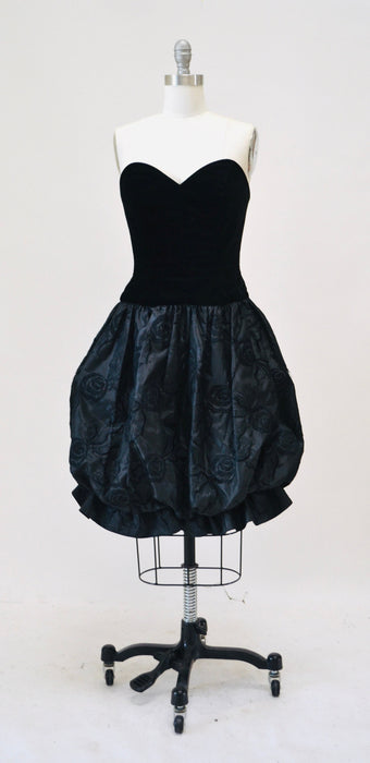 80s 90s Black Strapless Party Dress Vintage Velvet Coctail Party Strapless Dress XS Small By Fred France Paris Black party Dress Small
