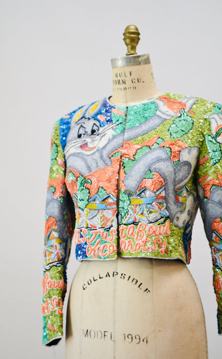 90s Vintage Jeanette Kastenberg Platinum Sequin Jacket Looney Tunes Bugs Bunny Warner Brothers Cartoon Comic Carrot Vegetarian Beaded Jacket