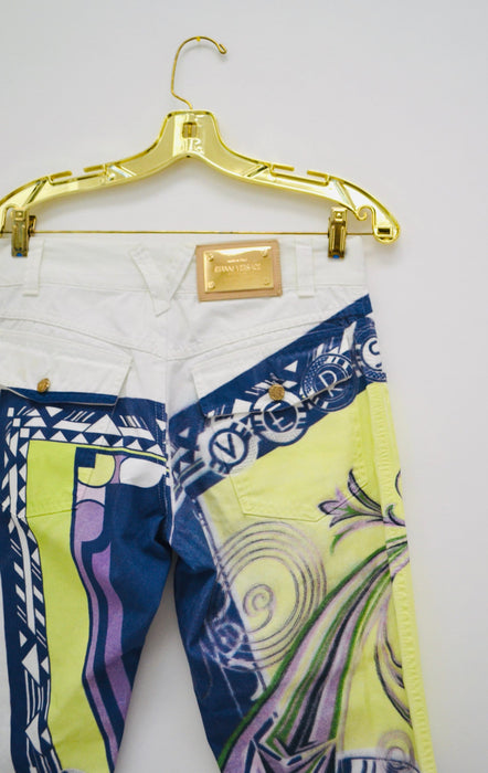 90s Vintage Versace Pants Jeans White Blue Yellow Printed Versace Pants Size 32 Italian Vintage Fashion Designer Size Small Medium