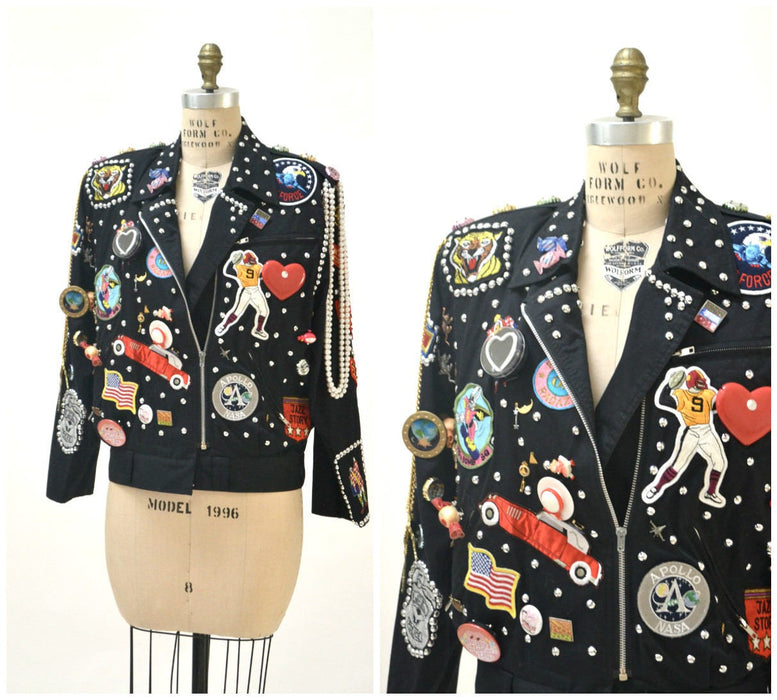 90s Vintage Patch Jacket Studded Metallic Pin Button Jacket Hearts Peace Sign Bonnie Boerer Pop art American USA football Flag Heart Jacket