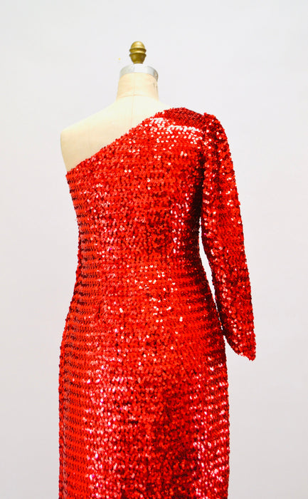 70s Vintage Red Sequin Gown Dress Red Sequin Showgirl One shoulder asymmetrical Dress Small Medium Pageant Jessica Rabbit Princess Costume