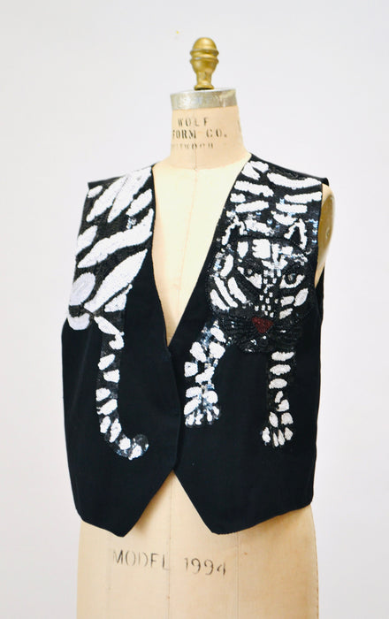 Vintage Black Sequin Vest Tiger Big Sequin Vest Cat Animal Ringmaster Circus Vest Top// Vintage Metallic Sequin Vest TIGER BLack White