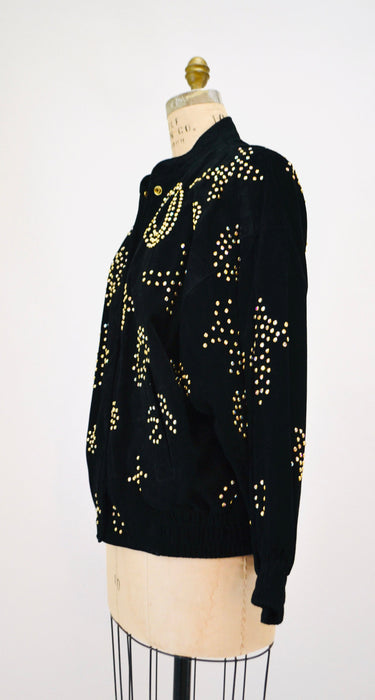 90s Vintage Black Leather Jacket Gold Studded Rhinestone Jacket By Kathrine Baumann  Black Suede 80s Glam LOVE Leather Jacket Medium Large