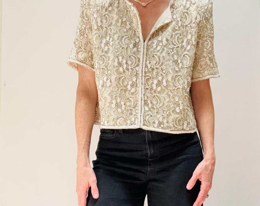Vintage Cream White Lace Beaded Shirt