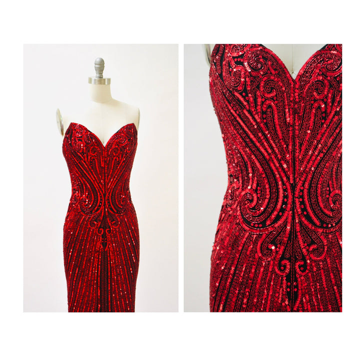 90s Vintage Red Sequin Beaded Dress Evening Gown Bob Mackie XS Small// Vintage Red Black Sequin Evening Gown Dress Strapless Beaded Dress