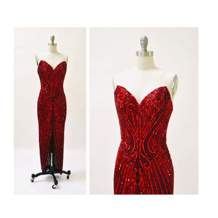 90s Vintage Red Sequin Beaded Dress Evening Gown Bob Mackie XS Small// Vintage Red Black Sequin Evening Gown Dress Strapless Beaded Dress
