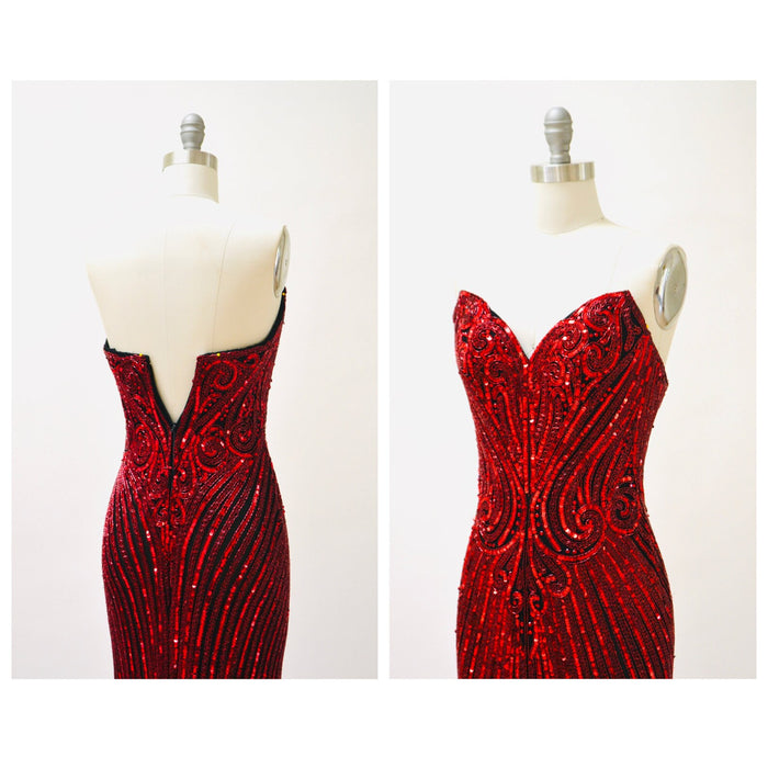 90s Vintage Red Sequin Beaded Dress Evening Gown Bob Mackie XS Small// Vintage Red Black Sequin Evening Gown Dress Strapless Beaded Dress