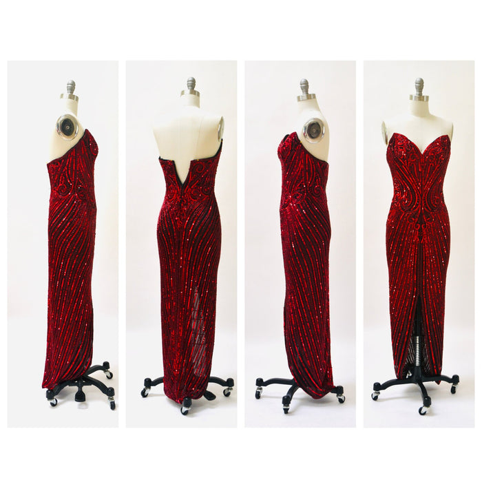90s Vintage Red Sequin Beaded Dress Evening Gown Bob Mackie XS Small// Vintage Red Black Sequin Evening Gown Dress Strapless Beaded Dress