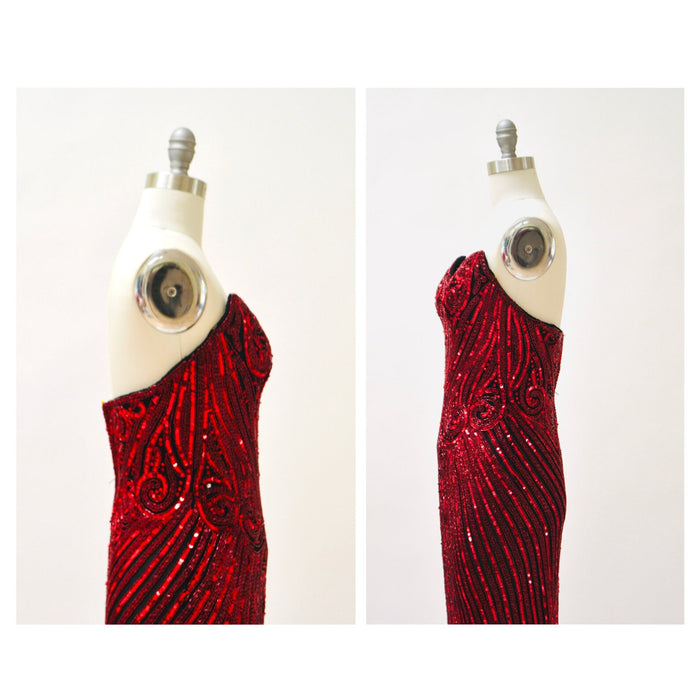90s Vintage Red Sequin Beaded Dress Evening Gown Bob Mackie XS Small// Vintage Red Black Sequin Evening Gown Dress Strapless Beaded Dress