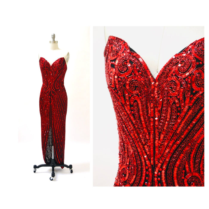 90s Vintage Red Sequin Beaded Dress Evening Gown Bob Mackie XS Small// Vintage Red Black Sequin Evening Gown Dress Strapless Beaded Dress