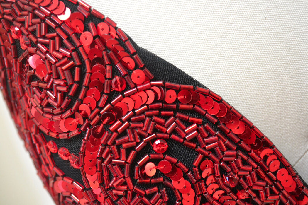 90s Vintage Red Sequin Beaded Dress Evening Gown Bob Mackie XS Small// Vintage Red Black Sequin Evening Gown Dress Strapless Beaded Dress