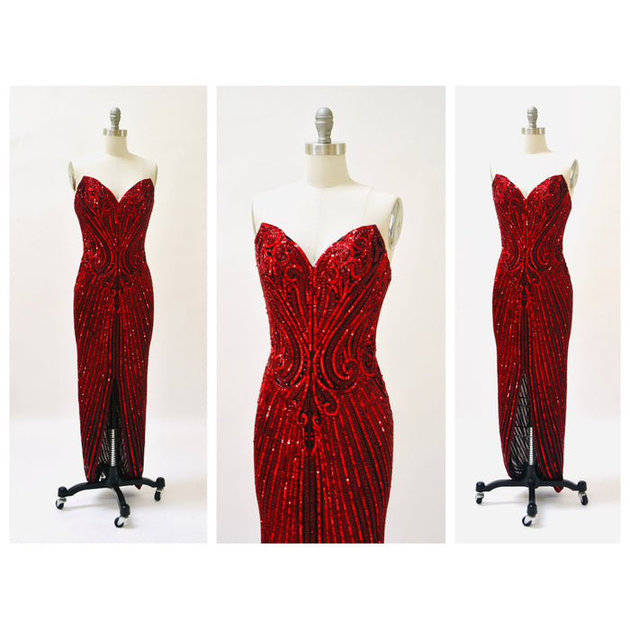 90s Vintage Red Sequin Beaded Dress Evening Gown Bob Mackie XS Small// Vintage Red Black Sequin Evening Gown Dress Strapless Beaded Dress