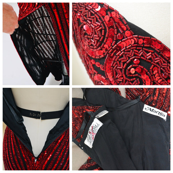 90s Vintage Red Sequin Beaded Dress Evening Gown Bob Mackie XS Small// Vintage Red Black Sequin Evening Gown Dress Strapless Beaded Dress