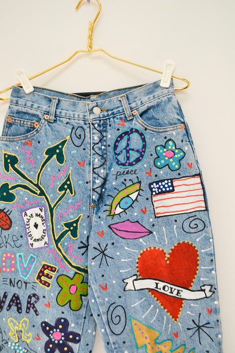 80s Vintage Madonna Jeans by Leslie Hamel Pants Levis Hand painted Love Peace 80s Madonna Vintage Pants Vintage painted Jeans Small Medium