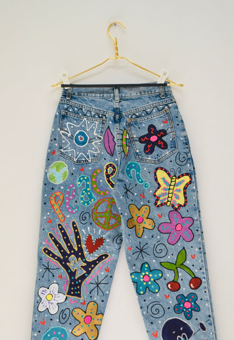 80s Vintage Madonna Jeans by Leslie Hamel Pants Levis Hand painted Love Peace 80s Madonna Vintage Pants Vintage painted Jeans Small Medium