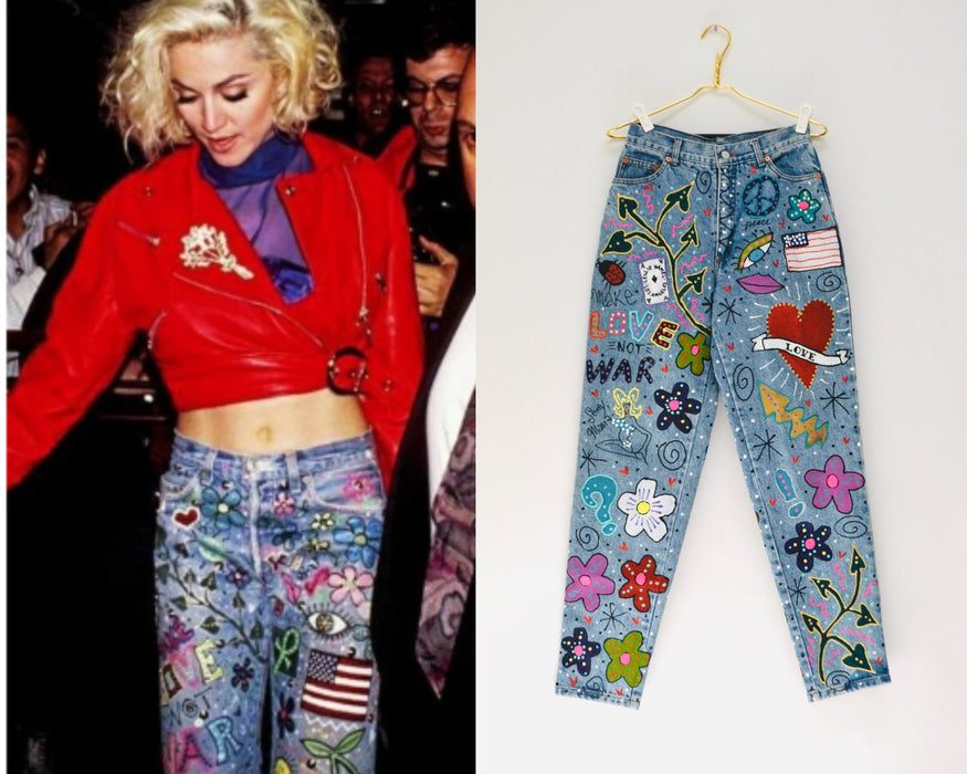 80s Vintage Madonna Jeans by Leslie Hamel Pants Levis Hand painted Love Peace 80s Madonna Vintage Pants Vintage painted Jeans Small Medium