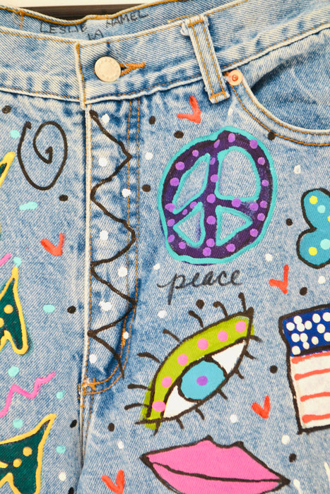 80s Vintage Madonna Jeans by Leslie Hamel Pants Levis Hand painted Love Peace 80s Madonna Vintage Pants Vintage painted Jeans Small Medium
