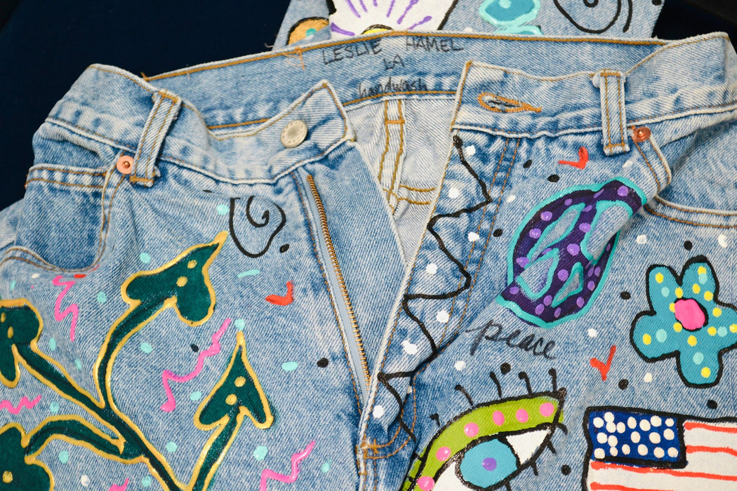80s Vintage Madonna Jeans by Leslie Hamel Pants Levis Hand painted Love Peace 80s Madonna Vintage Pants Vintage painted Jeans Small Medium