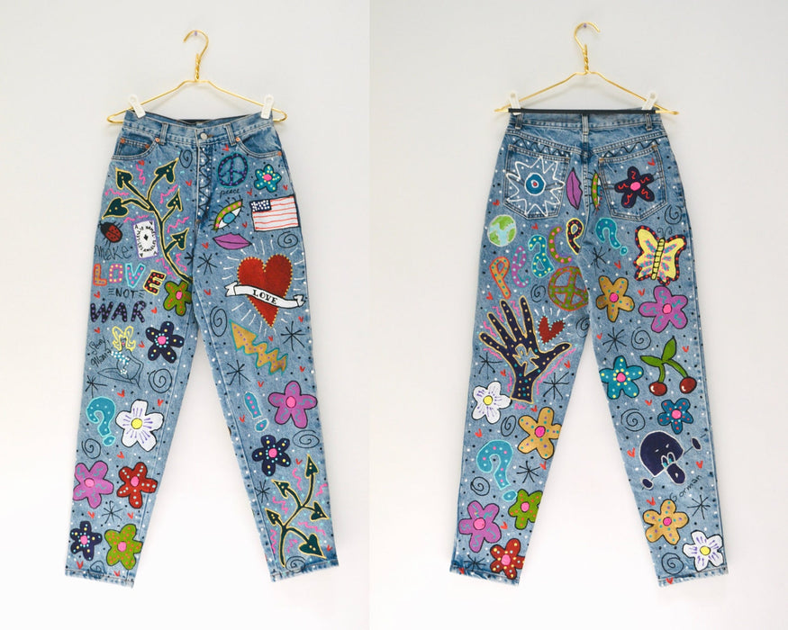 80s Vintage Madonna Jeans by Leslie Hamel Pants Levis Hand painted Love Peace 80s Madonna Vintage Pants Vintage painted Jeans Small Medium