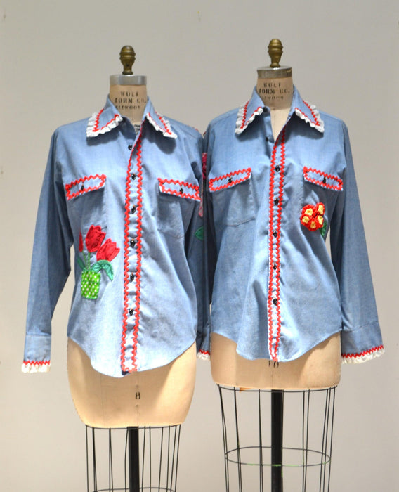 70s Vintage Denim Shirt Ruffles and Flowers Hand Embroidered Patchwork Quilted Denim Shirt Medium Western Cowgirl Shirt Small Medium