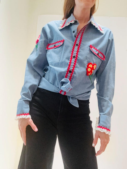 70s Vintage Denim Shirt Ruffles and Flowers Hand Embroidered Patchwork Quilted Denim Shirt Medium Western Cowgirl Shirt Small Medium