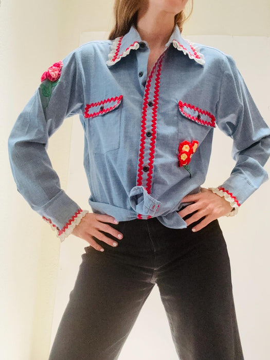 70s Vintage Denim Shirt Ruffles and Flowers Hand Embroidered Patchwork Quilted Denim Shirt Medium Western Cowgirl Shirt Small Medium