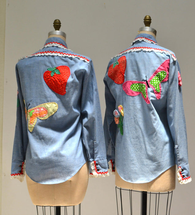 70s Vintage Denim Shirt Ruffles and Flowers Hand Embroidered Patchwork Quilted Denim Shirt Medium Western Cowgirl Shirt Small Medium