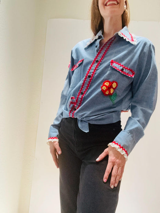 70s Vintage Denim Shirt Ruffles and Flowers Hand Embroidered Patchwork Quilted Denim Shirt Medium Western Cowgirl Shirt Small Medium