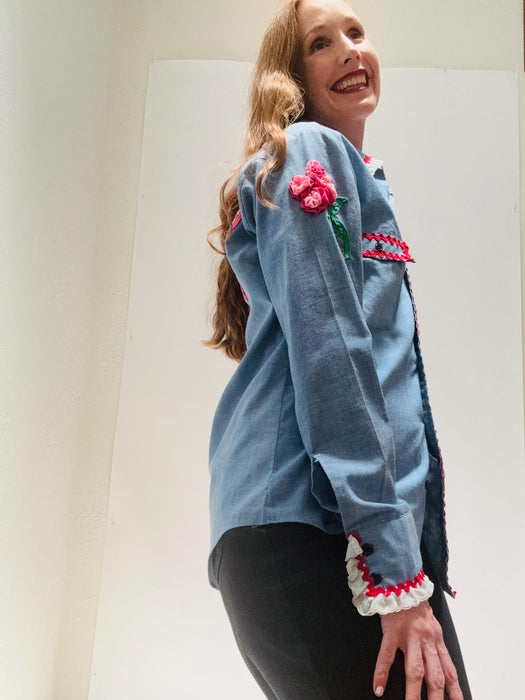 70s Vintage Denim Shirt Ruffles and Flowers Hand Embroidered Patchwork Quilted Denim Shirt Medium Western Cowgirl Shirt Small Medium