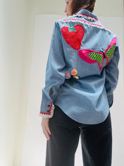 70s Vintage Denim Shirt Ruffles and Flowers Hand Embroidered Patchwork Quilted Denim Shirt Medium Western Cowgirl Shirt Small Medium