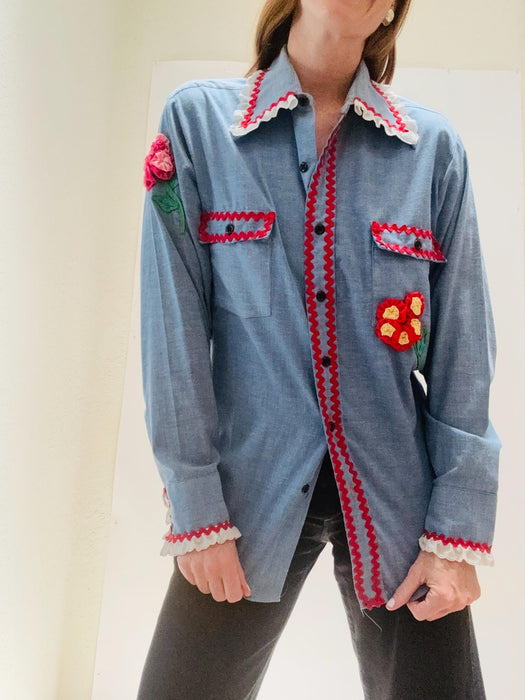 70s Vintage Denim Shirt Ruffles and Flowers Hand Embroidered Patchwork Quilted Denim Shirt Medium Western Cowgirl Shirt Small Medium