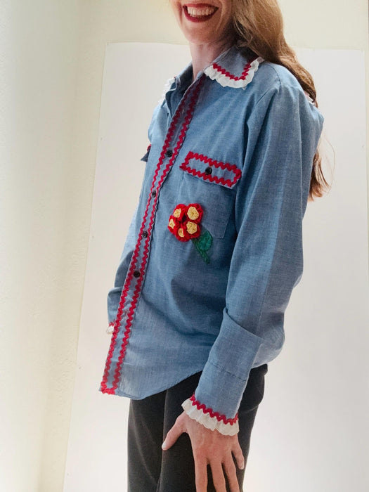 70s Vintage Denim Shirt Ruffles and Flowers Hand Embroidered Patchwork Quilted Denim Shirt Medium Western Cowgirl Shirt Small Medium