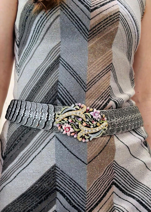 90s Y2k 2000s Vintage Silver Stretch Belt Metal Silver Rhinestone Flower Belt Buckle Western Cowgirl Silver Wedding Belt Small Medium large