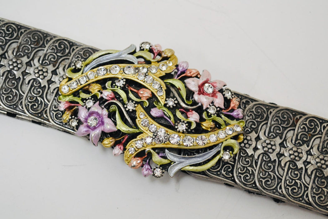 90s Y2k 2000s Vintage Silver Stretch Belt Metal Silver Rhinestone Flower Belt Buckle Western Cowgirl Silver Wedding Belt Small Medium large