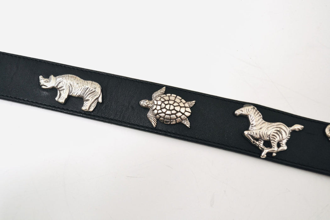 90s Vintage Silver Animal Belt Leopard Metallic Vintage Jungle Animal Zoo Veterinarian Animal Lover Vintage Black Leather Silver Belt Small