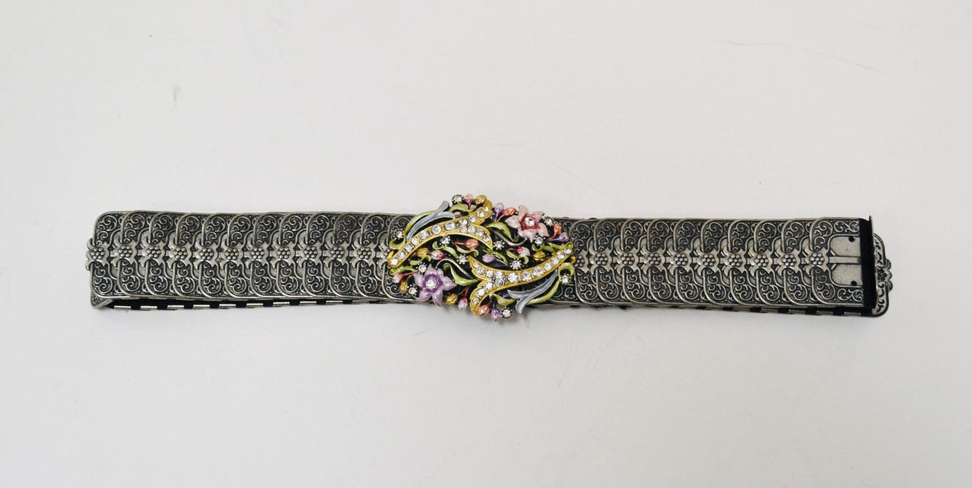 90s Y2k 2000s Vintage Silver Stretch Belt Metal Silver Rhinestone Flower Belt Buckle Western Cowgirl Silver Wedding Belt Small Medium large