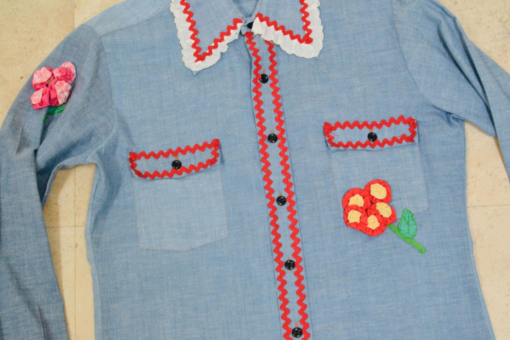 70s Vintage Denim Shirt Ruffles and Flowers Hand Embroidered Patchwork Quilted Denim Shirt Medium Western Cowgirl Shirt Small Medium