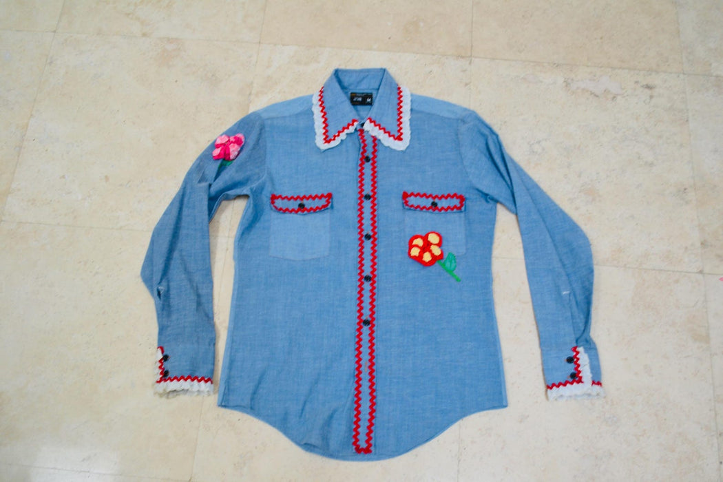 70s Vintage Denim Shirt Ruffles and Flowers Hand Embroidered Patchwork Quilted Denim Shirt Medium Western Cowgirl Shirt Small Medium