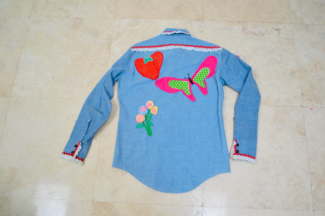 70s Vintage Denim Shirt Ruffles and Flowers Hand Embroidered Patchwork Quilted Denim Shirt Medium Western Cowgirl Shirt Small Medium