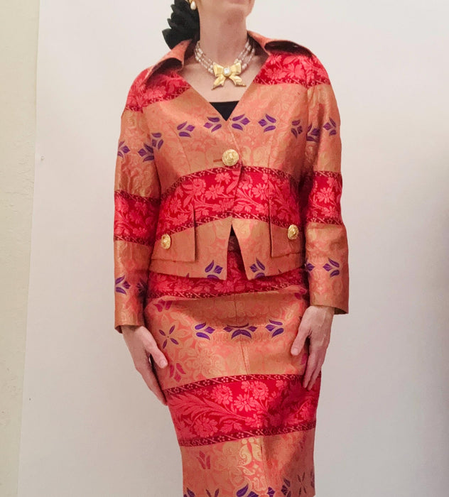 Vintage 90s Christian Larcoix Paris Brocade Suit Pink Orange Gold Metallic 90s Suit Brocade Jacket Skirt // Pink Gold Cocktail Wedding Suit