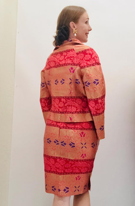 Vintage 90s Christian Larcoix Paris Brocade Suit Pink Orange Gold Metallic 90s Suit Brocade Jacket Skirt // Pink Gold Cocktail Wedding Suit