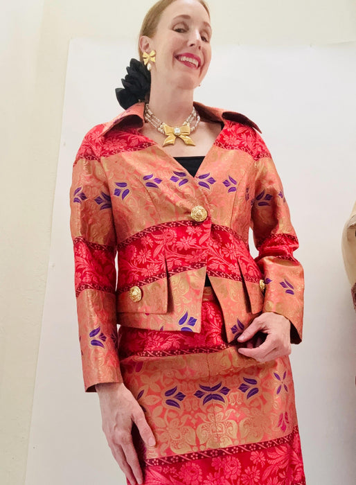 Vintage 90s Christian Larcoix Paris Brocade Suit Pink Orange Gold Metallic 90s Suit Brocade Jacket Skirt // Pink Gold Cocktail Wedding Suit