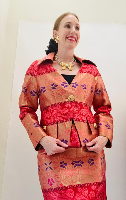 Vintage 90s Christian Larcoix Paris Brocade Suit Pink Orange Gold Metallic 90s Suit Brocade Jacket Skirt // Pink Gold Cocktail Wedding Suit