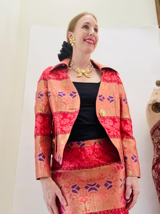 Vintage 90s Christian Larcoix Paris Brocade Suit Pink Orange Gold Metallic 90s Suit Brocade Jacket Skirt // Pink Gold Cocktail Wedding Suit