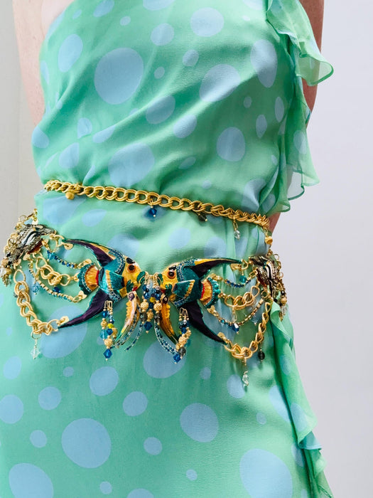 Vintage Lunch at the Ritz Belt Charm Fish Rhinestone Belt Gold Metallic Chain Charm Belt up to 90s Tropical Fish Charm Beach Wedding Belt